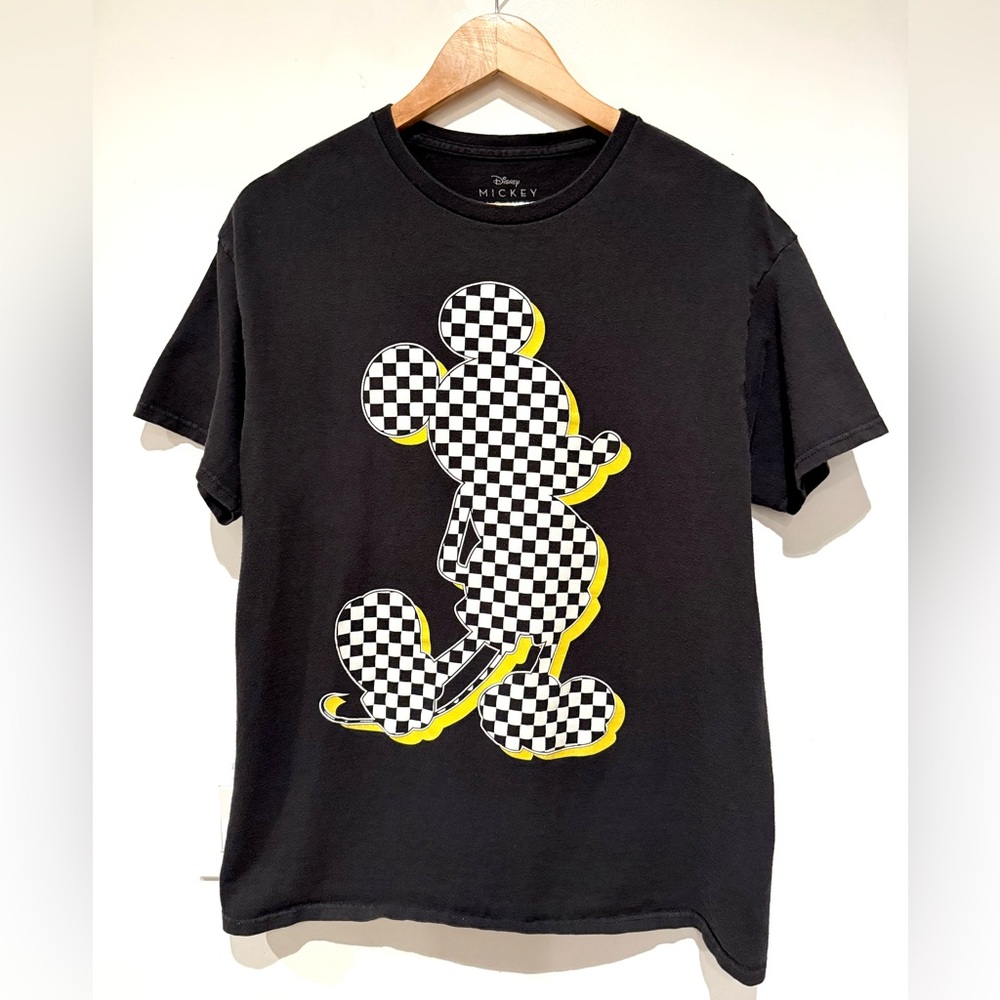 Vintage Disney Black Tee with Checkerboard Mickey and Yellow Outline